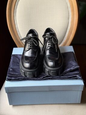 Prada Black Leather Platform Lug-Sole Boots